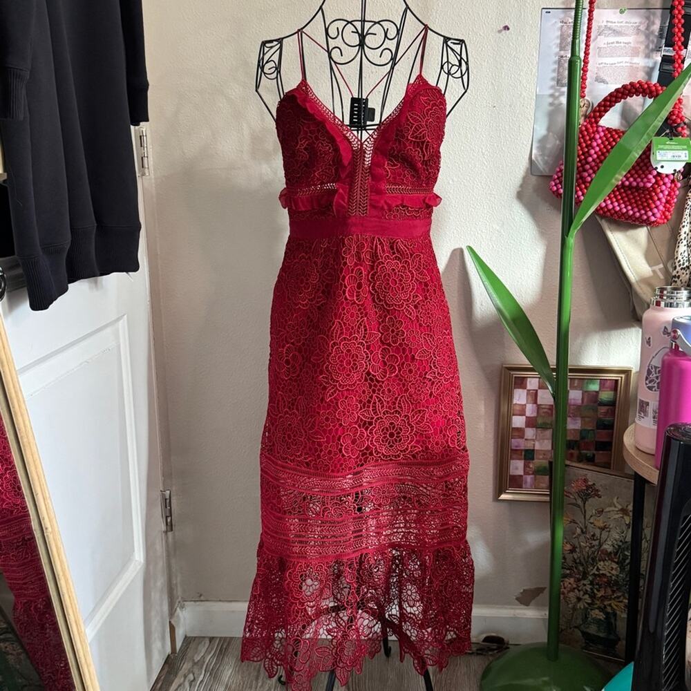 Self Portrait Floral Blush Midi Dress Raspberry Red 4